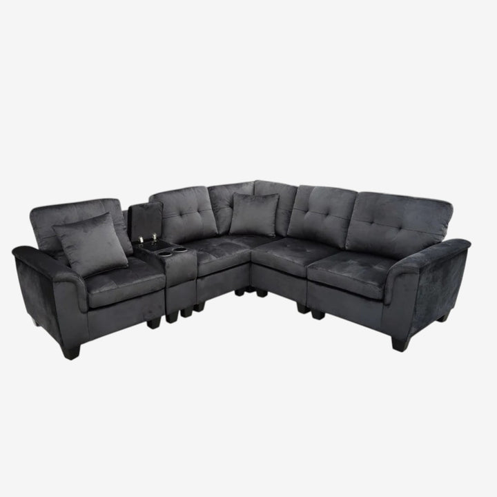 Galaxia Fabric Upholstered Sectional Sofa with Cup Holders, Storage Console & Reversible Design - Black