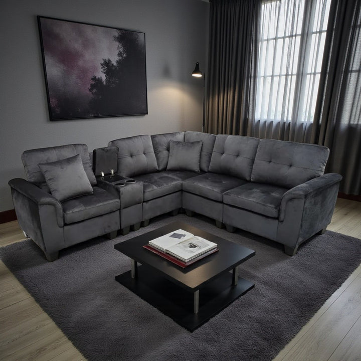 Galaxia Fabric Upholstered Sectional Sofa with Cup Holders, Storage Console & Reversible Design - Black