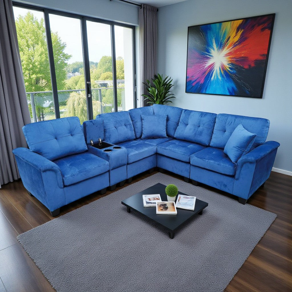 Galaxia Fabric Upholstered Sectional Sofa with Cup Holders, Storage Console & Reversible Design - Blue