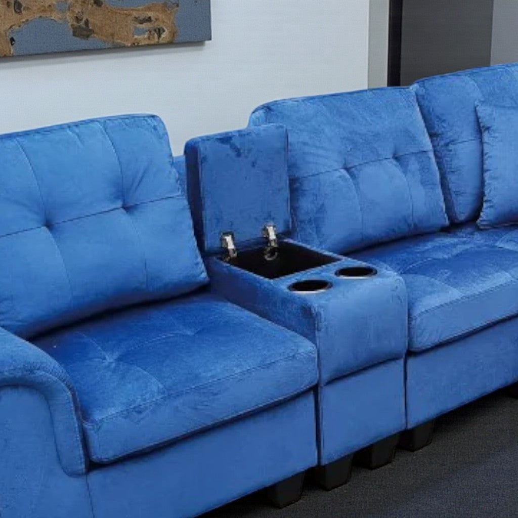 Galaxia Fabric Upholstered Sectional Sofa with Cup Holders, Storage Console & Reversible Design - Blue