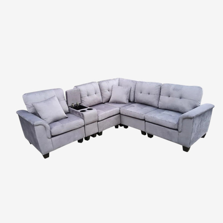 Galaxia Fabric Upholstered Sectional Sofa with Cup Holders, Storage Console & Reversible Design - Grey