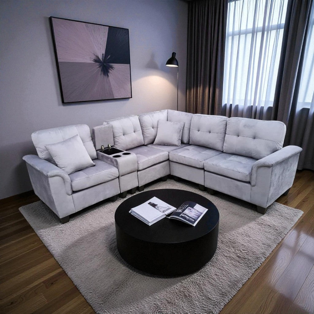 Galaxia Fabric Upholstered Sectional Sofa with Cup Holders, Storage Console & Reversible Design - Grey