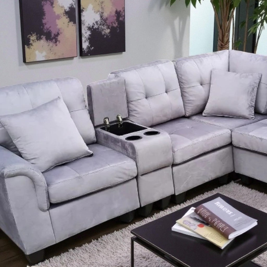 Galaxia Fabric Upholstered Sectional Sofa with Cup Holders, Storage Console & Reversible Design - Grey
