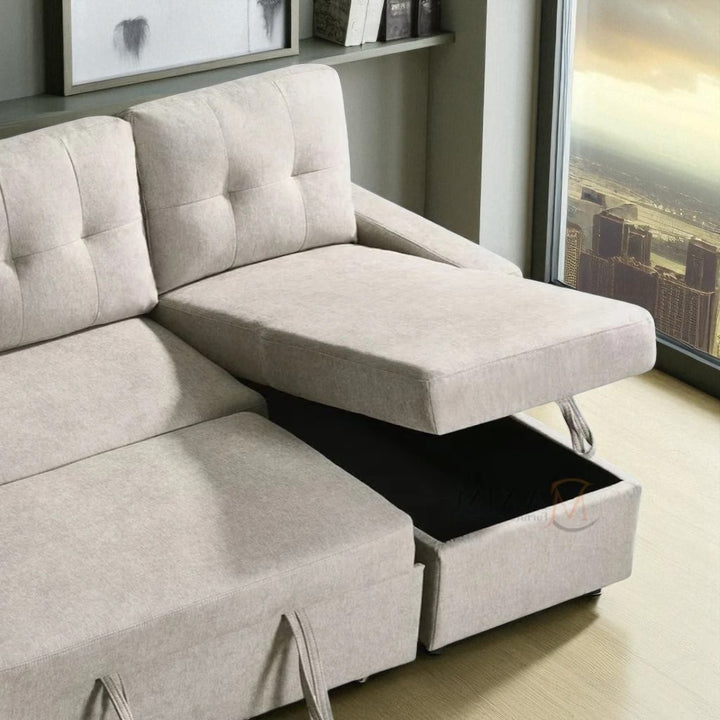 Skyglow Sectional Sofa Bed With Reversible Storage Chaise - Beige | Timeless, Stylish, Durable & Comfortable