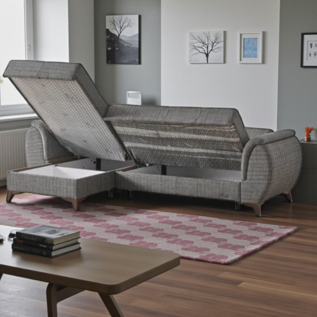 Ashen Fabric Upholstered Sectional Sofa - Light Grey | Reversible Design & Storage Console