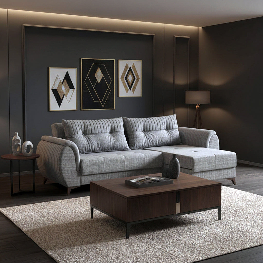 Clark Fabric Upholstered Sectional Sofa - Light Grey | Stylish, Sturdy, Reversible, Comfortable & Storage Solution