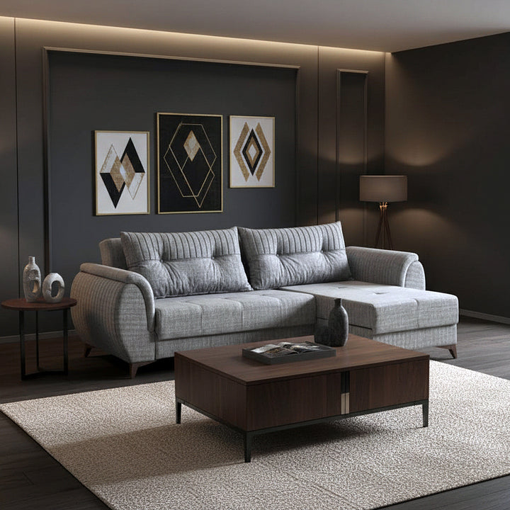 Clark Fabric Upholstered Sectional Sofa - Light Grey | Stylish, Sturdy, Reversible, Comfortable & Storage Solution