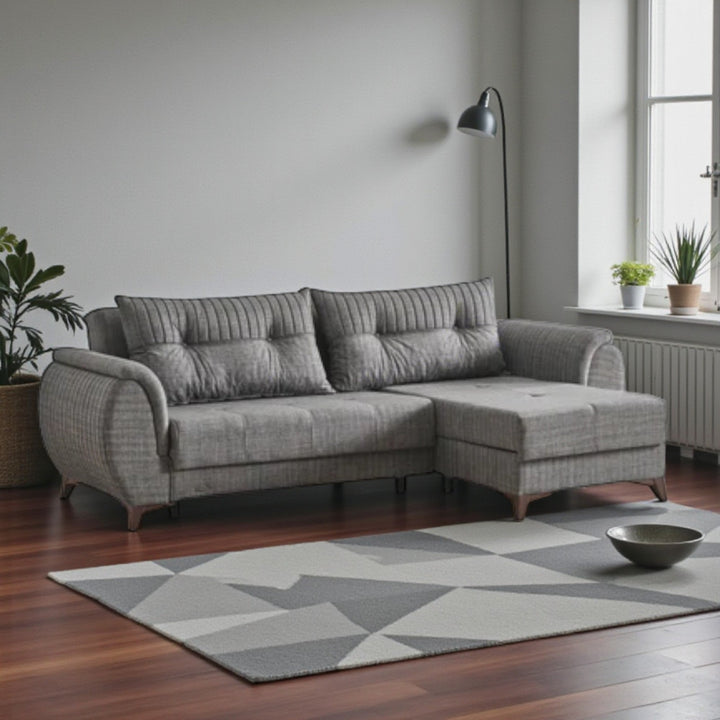 Ashen Fabric Upholstered Sectional Sofa - Light Grey | Reversible Design & Storage Console