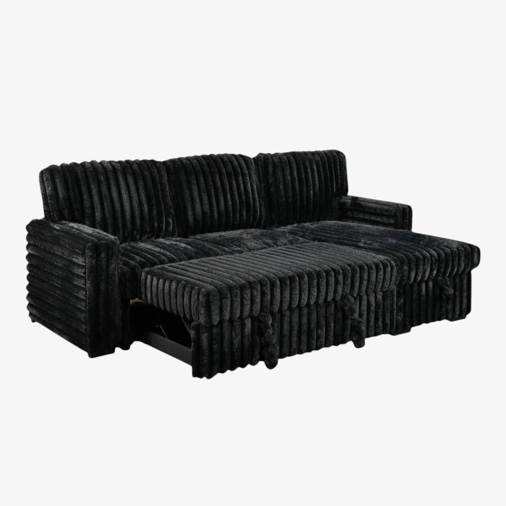 Crystal Fabric Upholstered Sectional Sofa Bed With USB Charging Ports - Black | Timeless, Sturdy, Reversible, Comfortable & Storage Solution