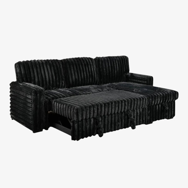Crystal Fabric Upholstered Sectional Sofa Bed With USB Charging Ports - Black | Timeless, Sturdy, Reversible, Comfortable & Storage Solution
