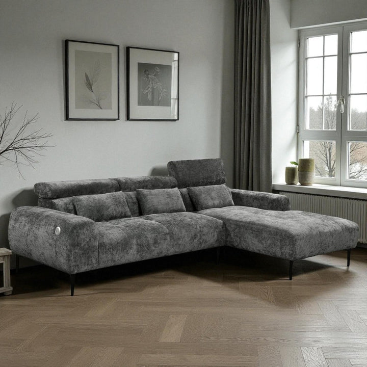 Dune Fabric Upholstered Sectional Sofa - Grey | Available In LHF/ RHF Configuration with USB Charging Ports