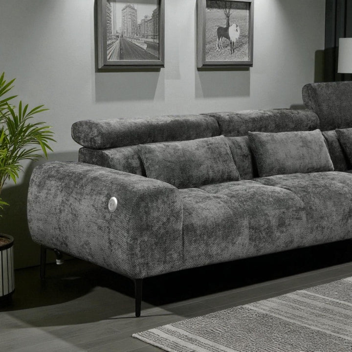Dune Fabric Upholstered Sectional Sofa - Grey | Available In LHF/ RHF Configuration with USB Charging Ports