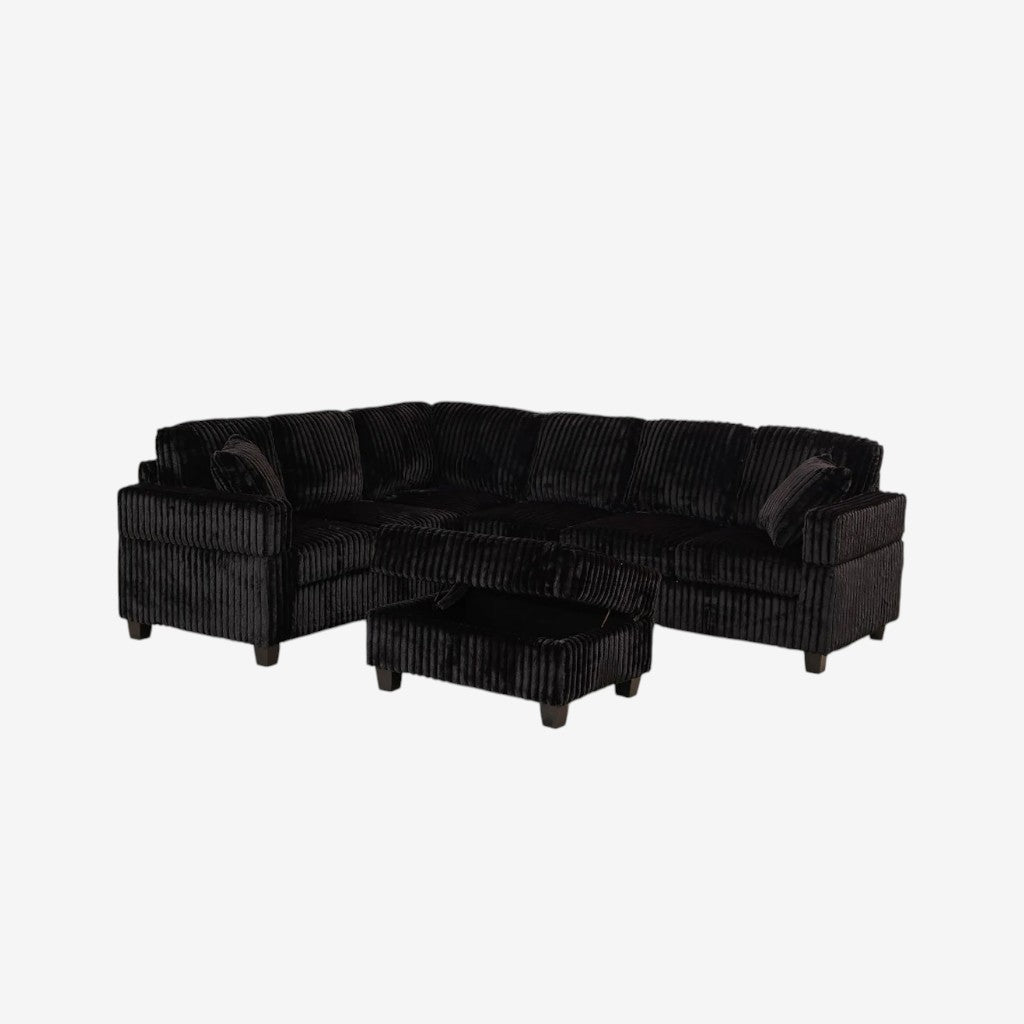 Opaline Fabric Upholstered Sectional Sofa With Storage Ottoman - Black | Stylish, Sturdy, Reversible, Comfortable & Storage Solution