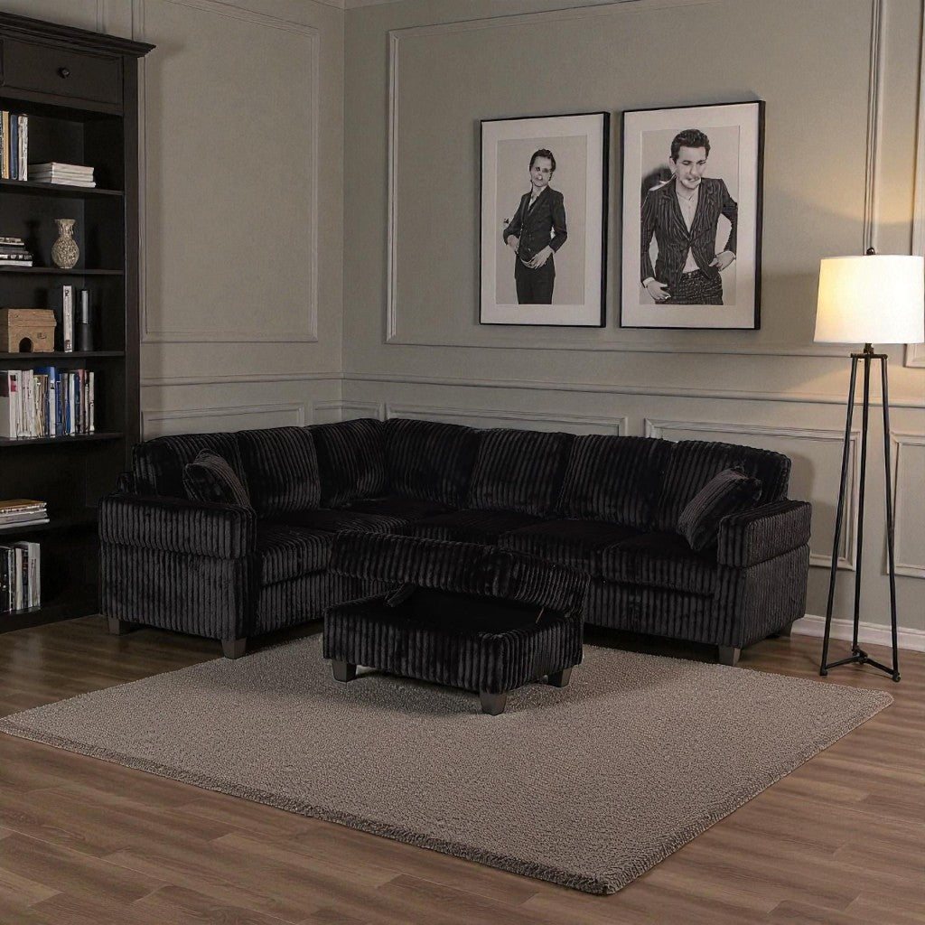 Opaline Fabric Upholstered Sectional Sofa With Storage Ottoman - Black | Stylish, Sturdy, Reversible, Comfortable & Storage Solution