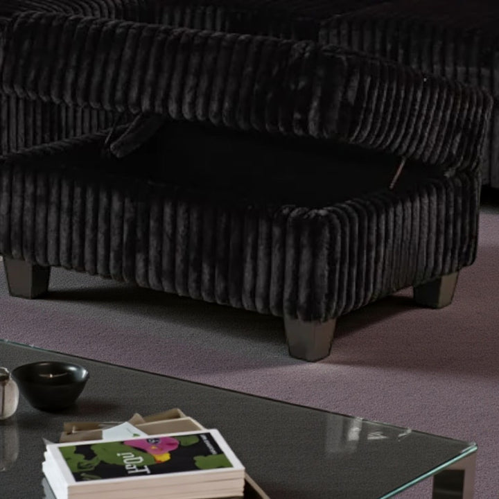 Opaline Fabric Upholstered Sectional Sofa With Storage Ottoman - Black | Stylish, Sturdy, Reversible, Comfortable & Storage Solution