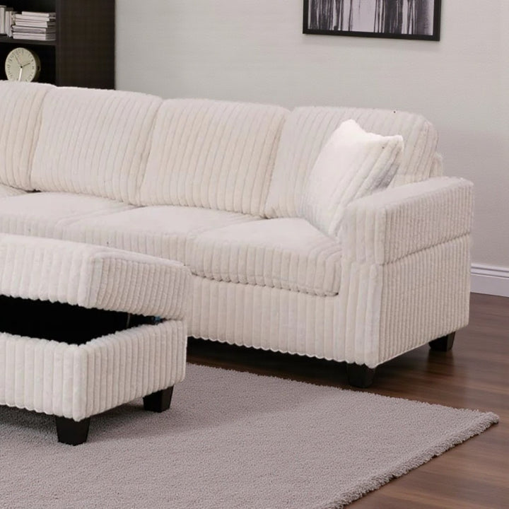 Opaline Fabric Upholstered Sectional Sofa With Storage Ottoman - Beige | Stylish, Sturdy, Reversible, Comfortable & Storage Solution