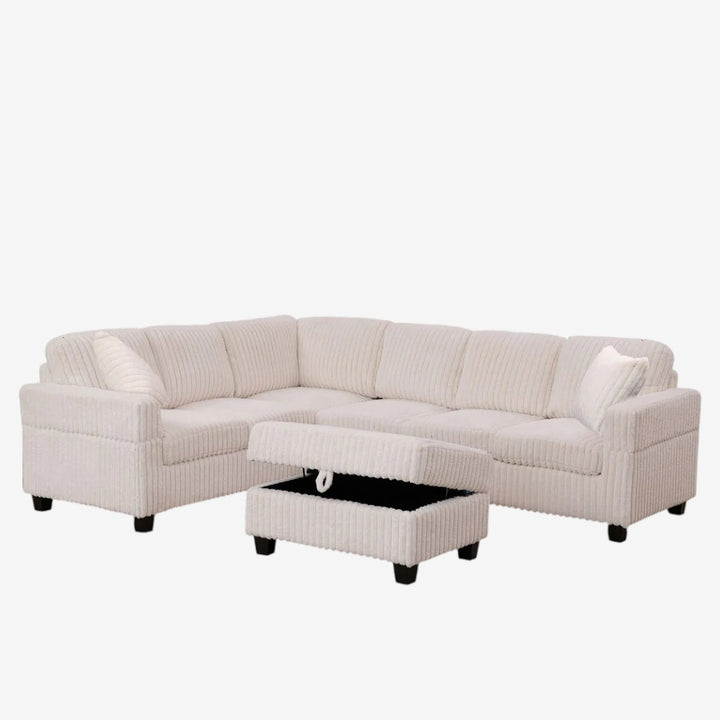 Opaline Fabric Upholstered Sectional Sofa With Storage Ottoman - Beige | Stylish, Sturdy, Reversible, Comfortable & Storage Solution
