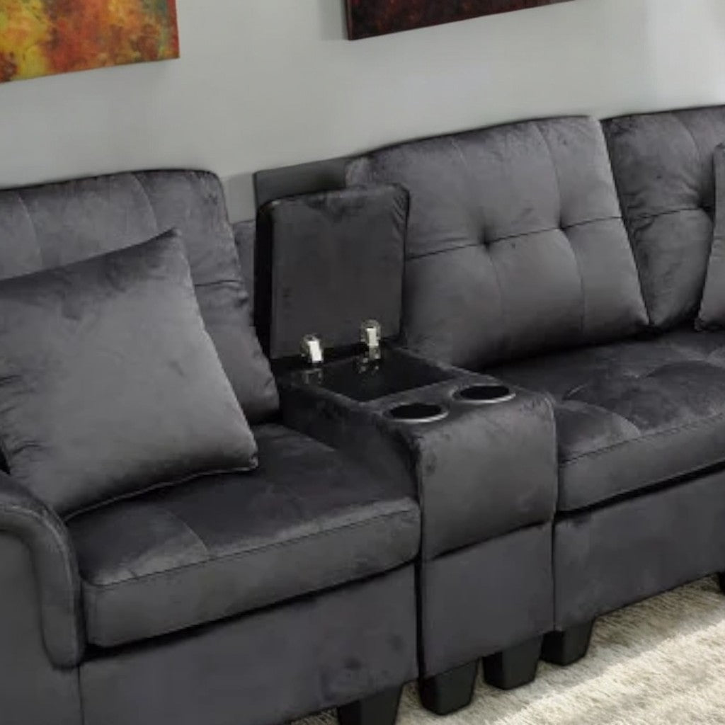 Galaxia Fabric Upholstered Sectional Sofa with Cup Holders, Storage Console & Reversible Design - Black