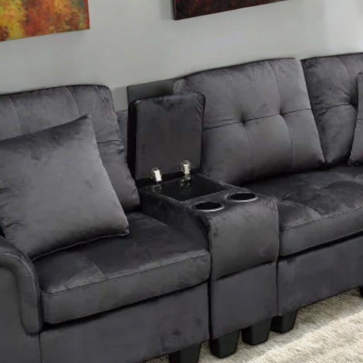 Galaxia Fabric Upholstered Sectional Sofa with Cup Holders, Storage Console & Reversible Design - Black