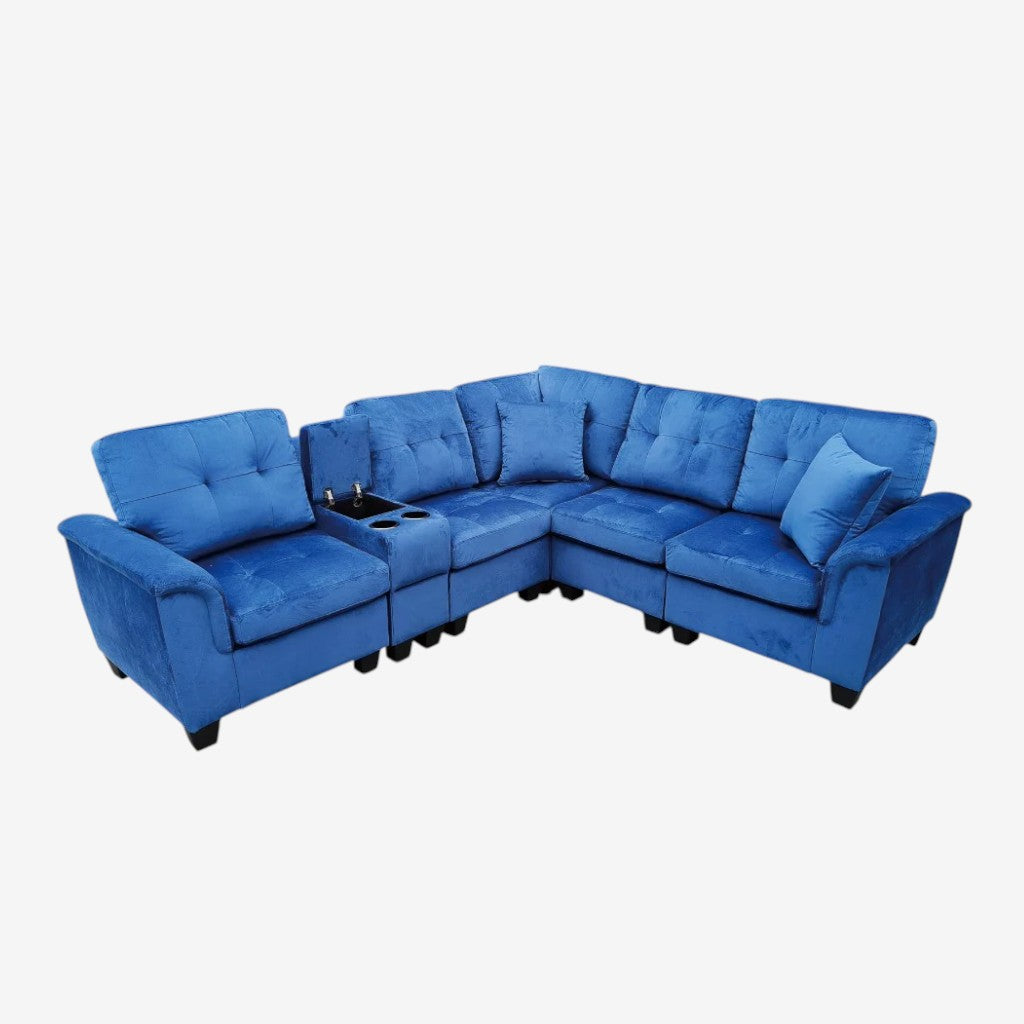 Galaxia Fabric Upholstered Sectional Sofa with Cup Holders, Storage Console & Reversible Design - Blue