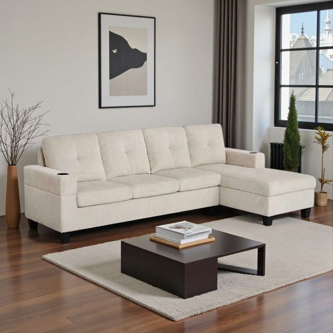 Corella Fabric Upholstered Sectional Sofa With Reversible Chaise & Cup Holders- Beige | Timeless, Sleek & Comfortable