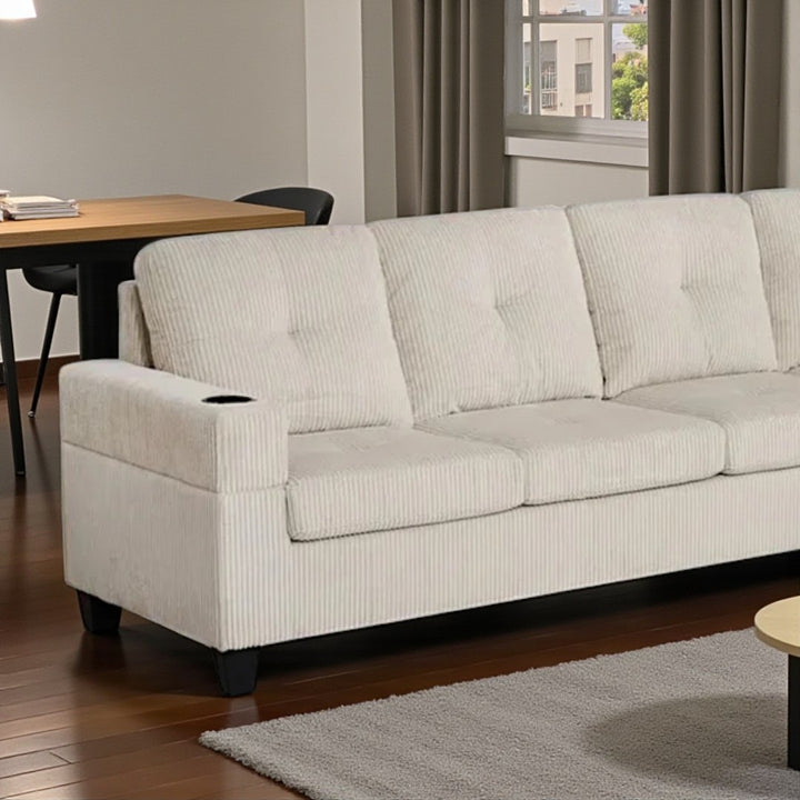 Corella Fabric Upholstered Sectional Sofa With Reversible Chaise & Cup Holders- Beige | Timeless, Sleek & Comfortable