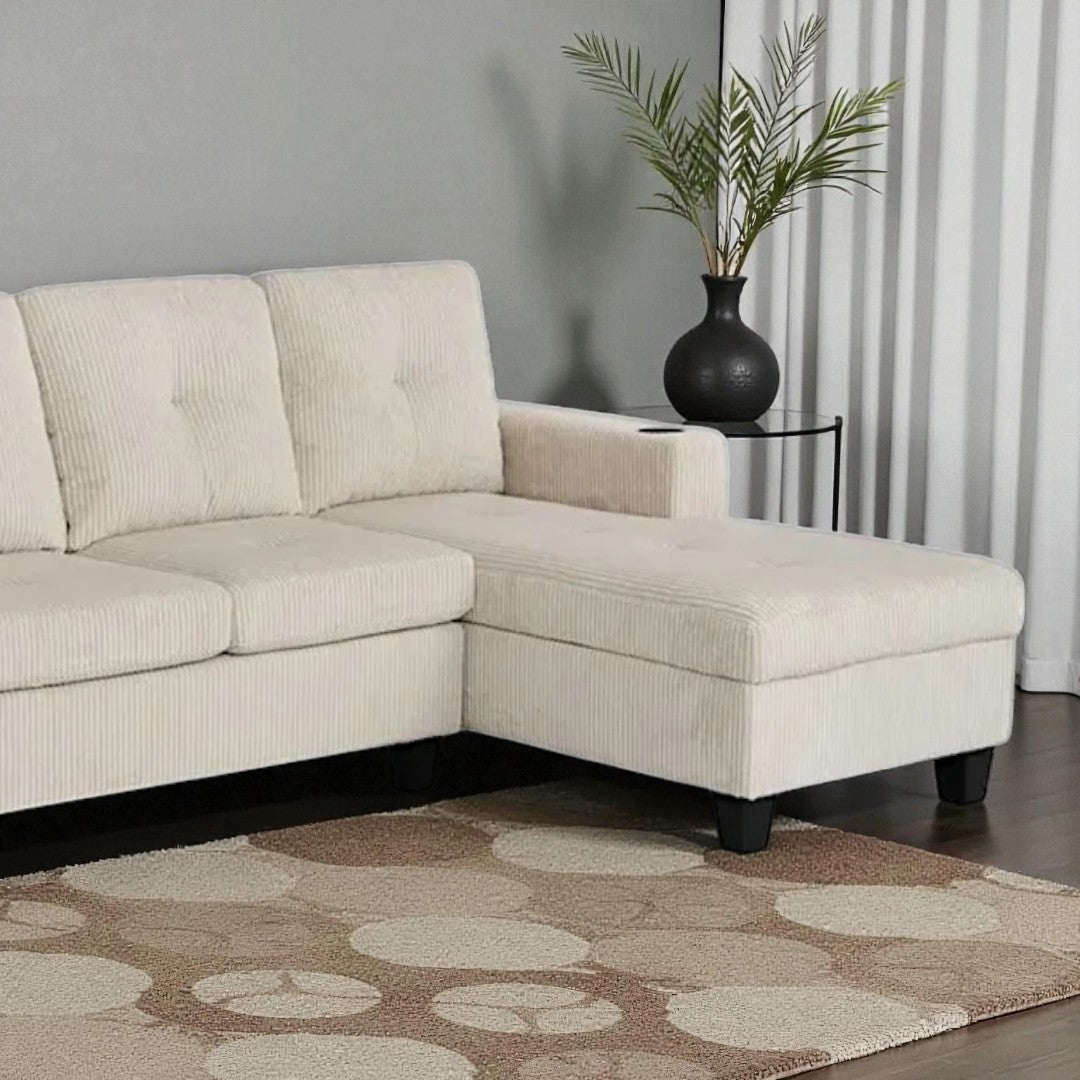 Corella Fabric Upholstered Sectional Sofa With Reversible Chaise & Cup Holders- Beige | Timeless, Sleek & Comfortable