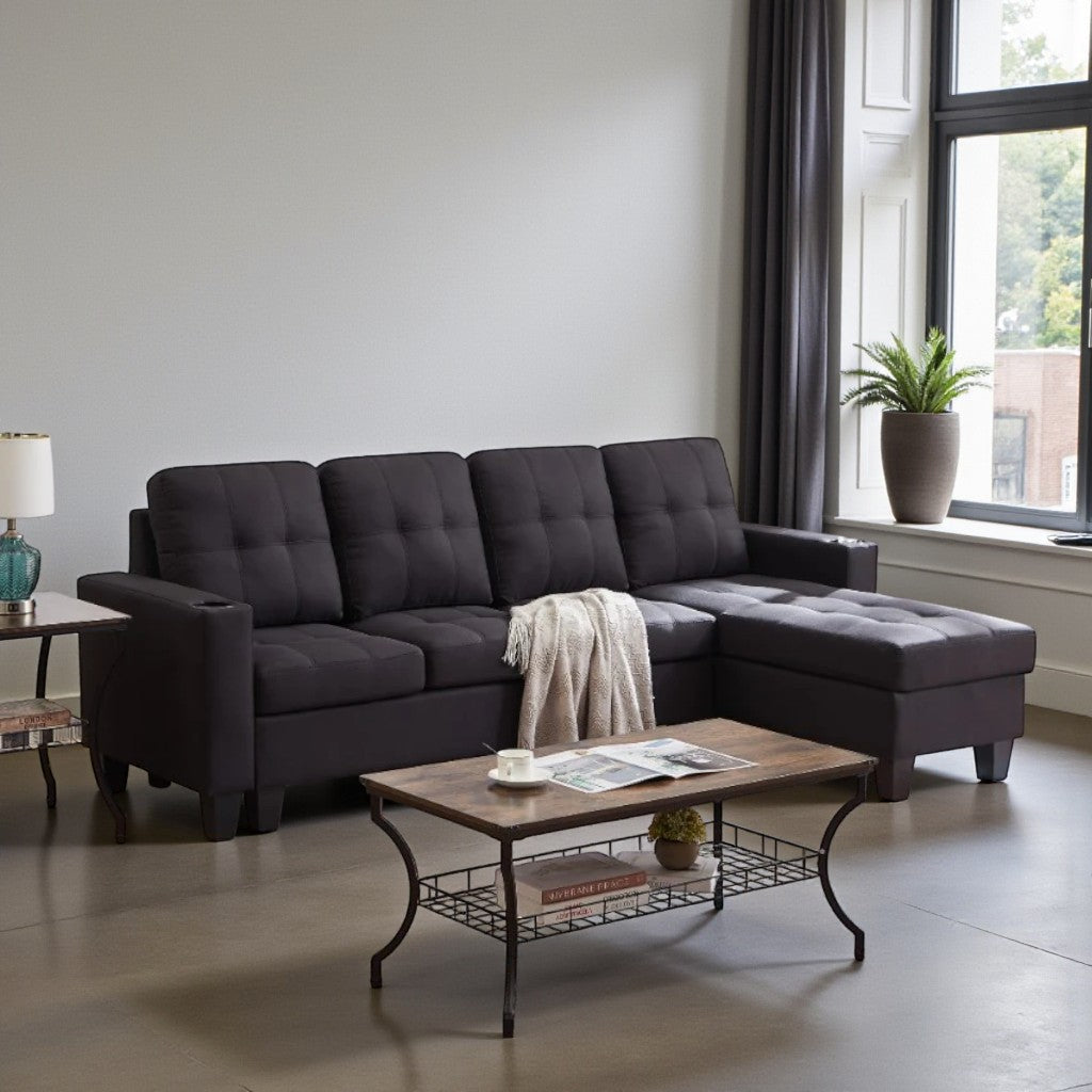 Coral Sectional Sofa in Fabric Upholstery With Reversible Chaise & Cup Holders - Black