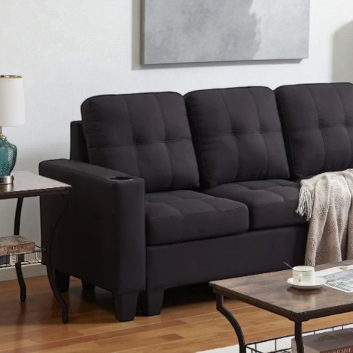 Coral Sectional Sofa in Fabric Upholstery With Reversible Chaise & Cup Holders - Black