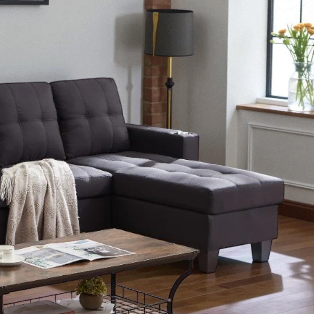 Coral Sectional Sofa in Fabric Upholstery With Reversible Chaise & Cup Holders - Black