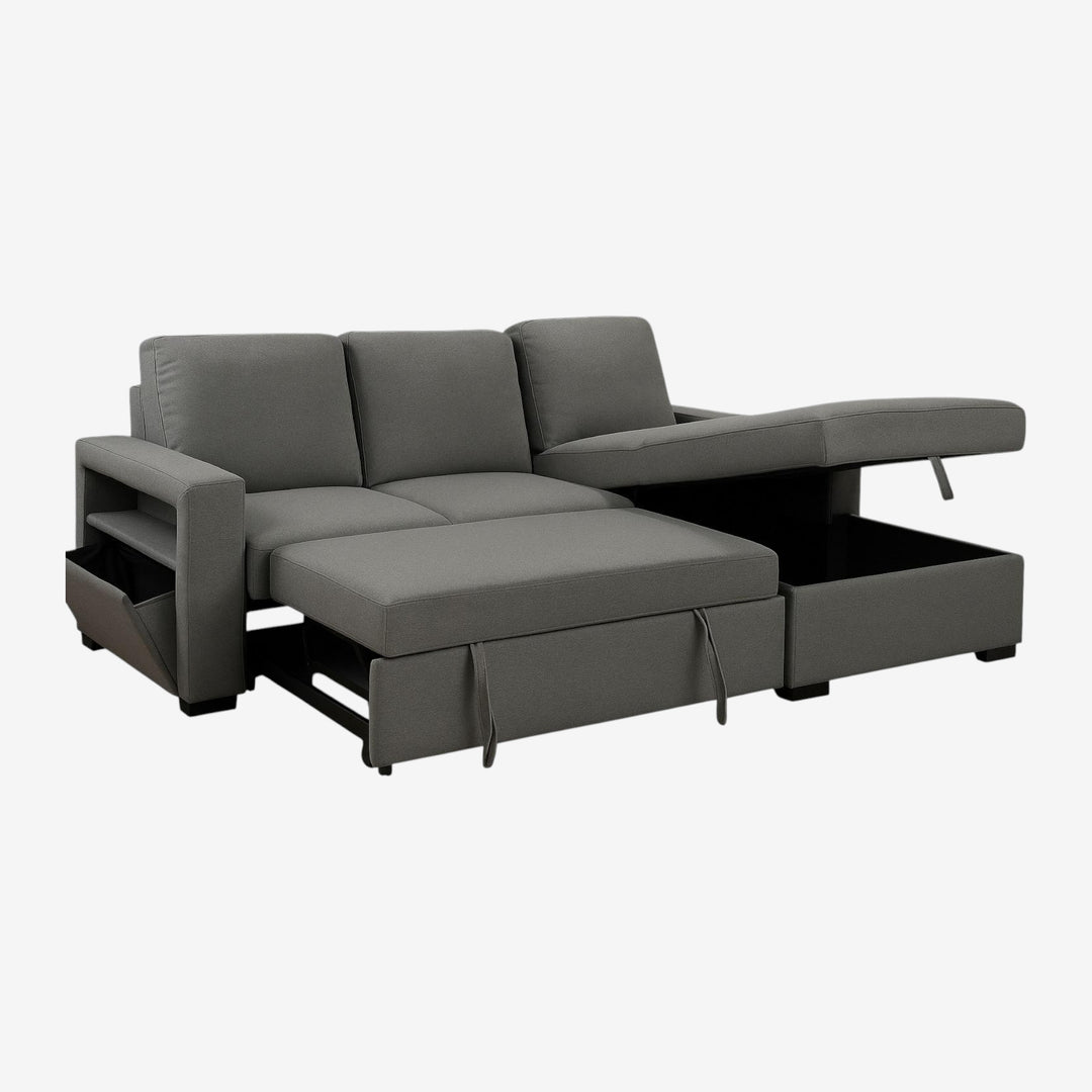 Elvire Sectional Sofa Bed in Fabric Upholstery With Reversible Storage Chaise - Grey | Classic, Streamlined & Comfortable