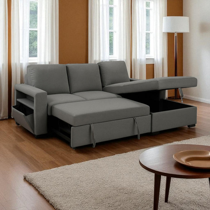 Elvire Sectional Sofa Bed in Fabric Upholstery With Reversible Storage Chaise - Grey | Classic, Streamlined & Comfortable