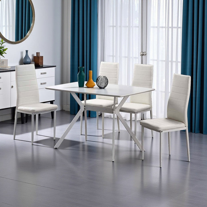 Meadow Metallic Dining Table Set For 4 With PU Upholstered Chairs - White | Stylish, Sturdy, Comfortable & Affordable