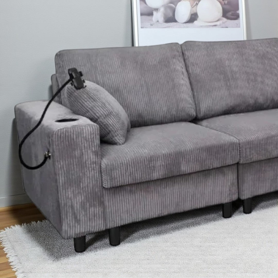Prime 4-Piece Fabric Sectional Sofa with Cell Phone Holder & USB Charging Ports - Grey