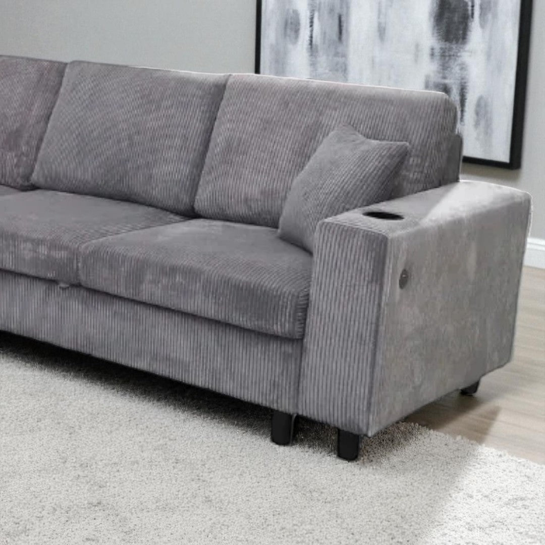 Prime 4-Piece Fabric Sectional Sofa with Cell Phone Holder & USB Charging Ports - Grey