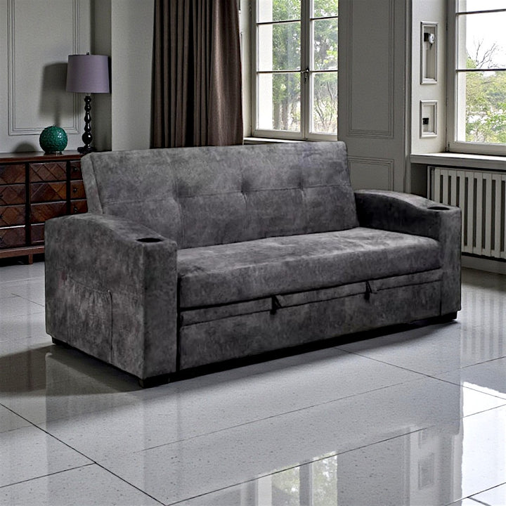 Flora Fabric Upholstered Sofa Bed With Cup Holders - Grey | Timeless, Stylish, Durable & Comfortable