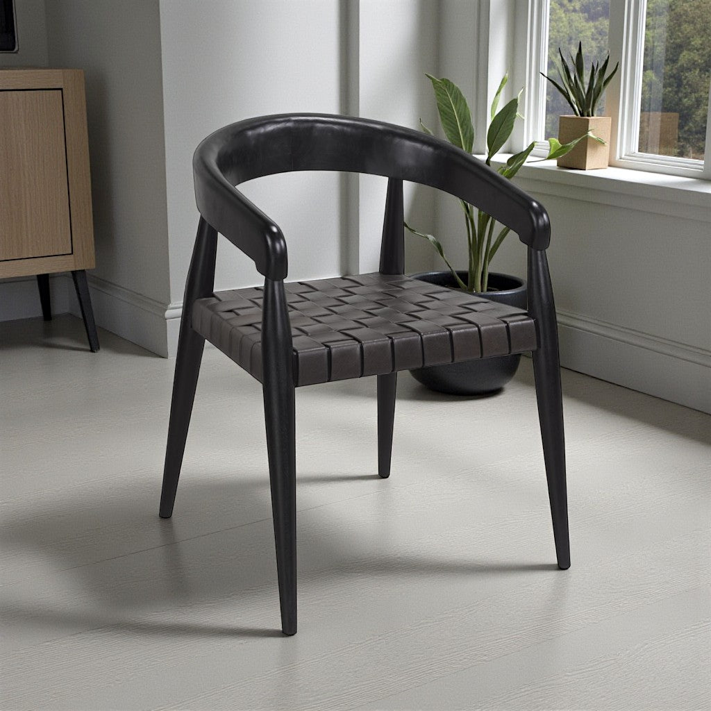 Rowan Wooden Dining Chair - Black | Rustic Style, Mid-Century Modern, Durable & Woven Leather Seating