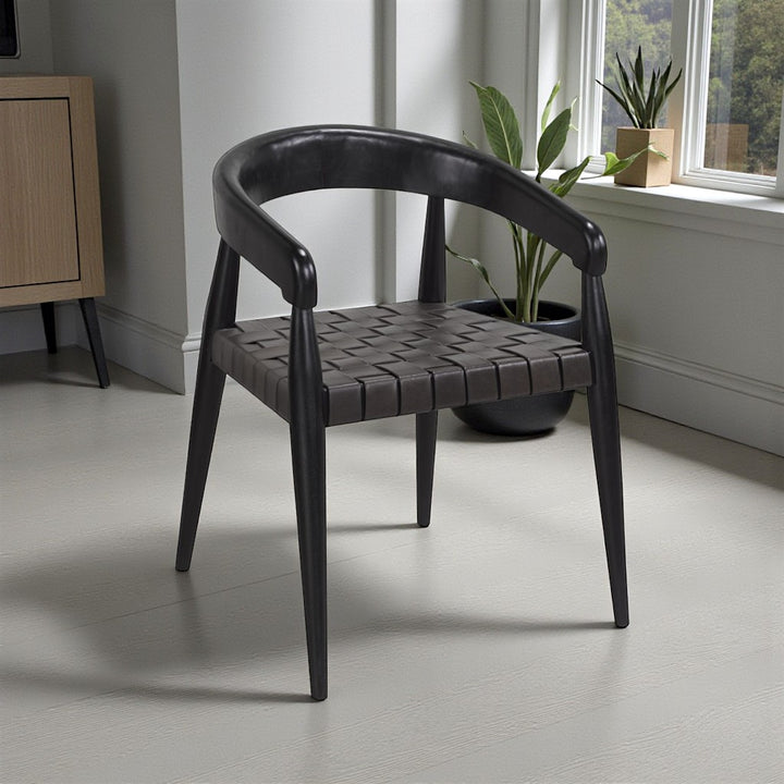 Rowan Wooden Dining Chair - Black | Rustic Style, Mid-Century Modern, Durable & Woven Leather Seating