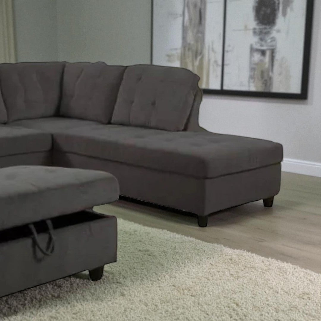 Grove 2-Piece Sectional Sofa in Fabric Upholstery With Storage Ottoman - Dark Grey | Available In LHF/ RHF Configuration