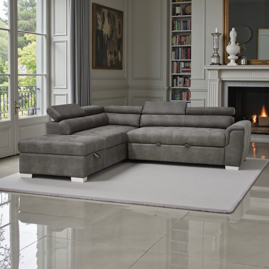 Aureus Fabric Upholstered Sectional Sofa Bed With Storage Ottoman - Grey | Timeless, Versatile, Durable & Storage Solution