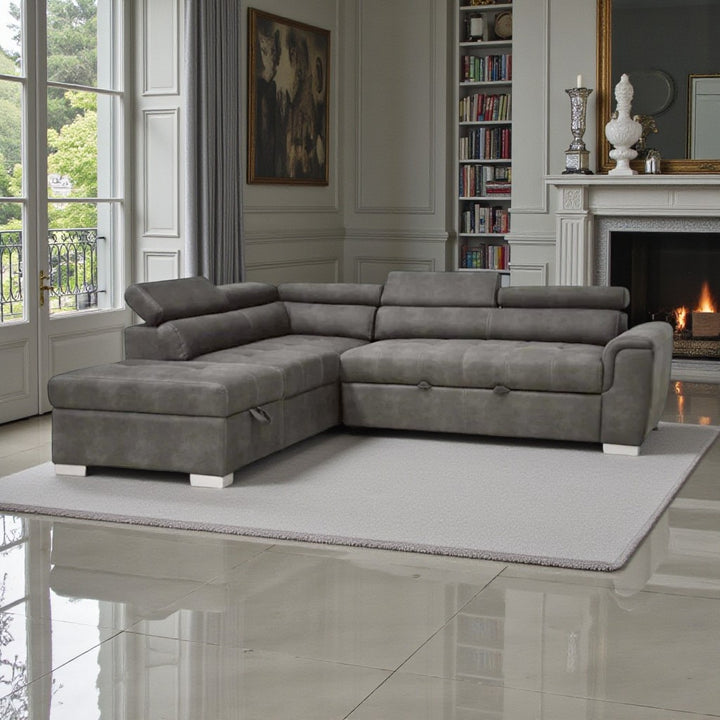 Aureus Fabric Upholstered Sectional Sofa Bed With Storage Ottoman - Grey | Timeless, Versatile, Durable & Storage Solution