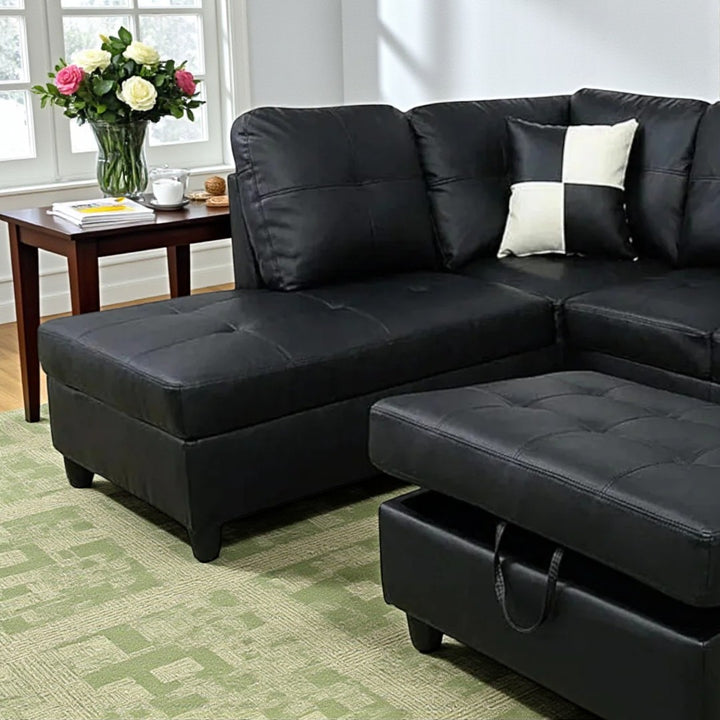 Alen Sectional Sofa With LHF Chaise & Storage Ottoman - Black | Available In LHF/ RHF Configuration