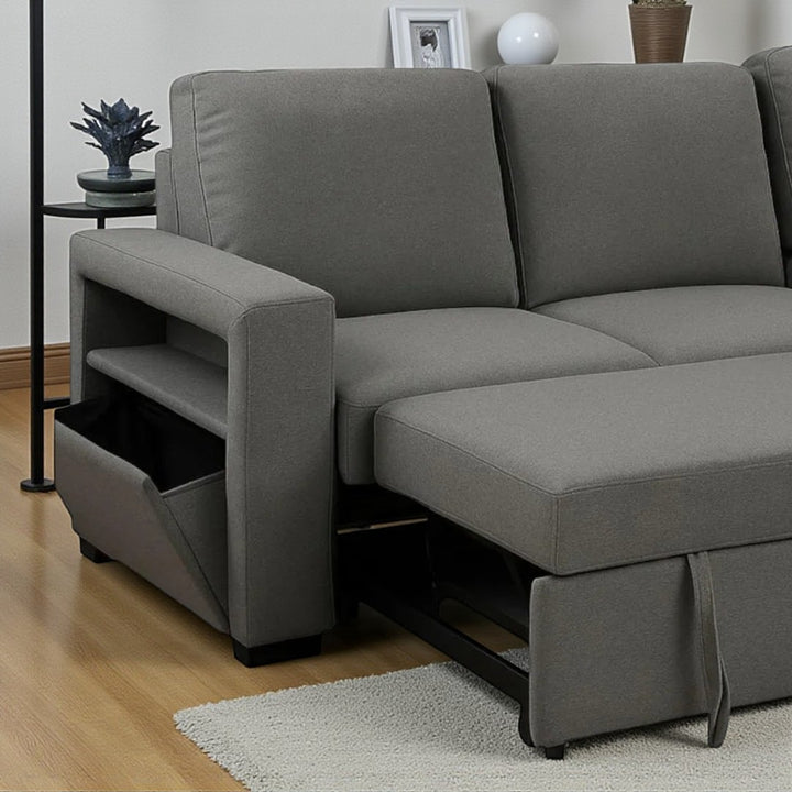 Elvire Sectional Sofa Bed in Fabric Upholstery With Reversible Storage Chaise - Grey | Classic, Streamlined & Comfortable