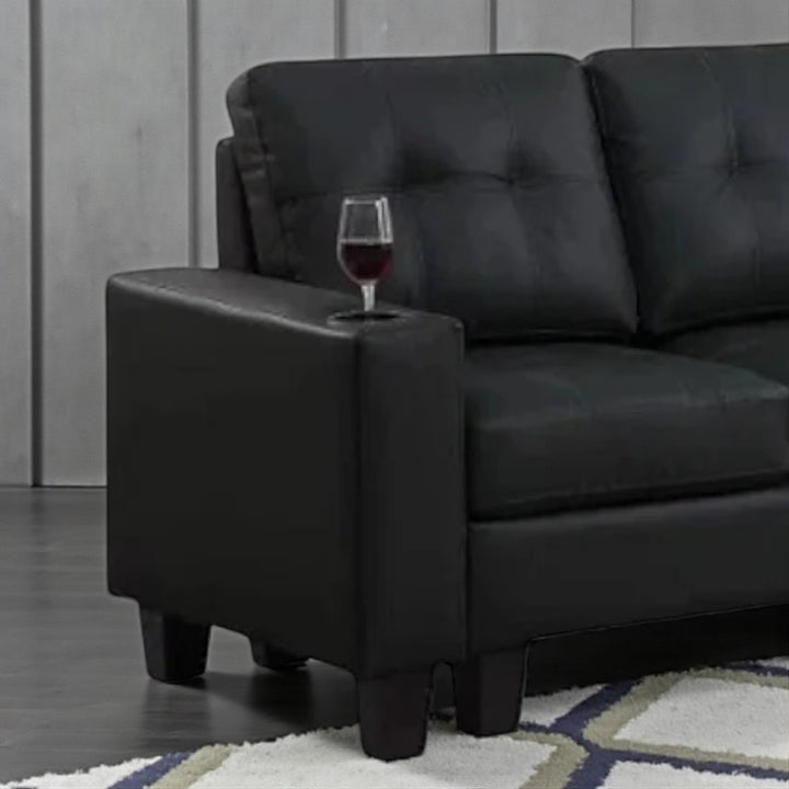 Coral Sectional Sofa in PU Upholstery With Reversible Chaise & Cup Holders - Black