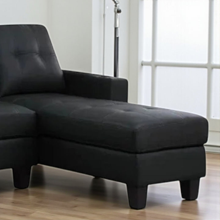 Coral Sectional Sofa in PU Upholstery With Reversible Chaise & Cup Holders - Black