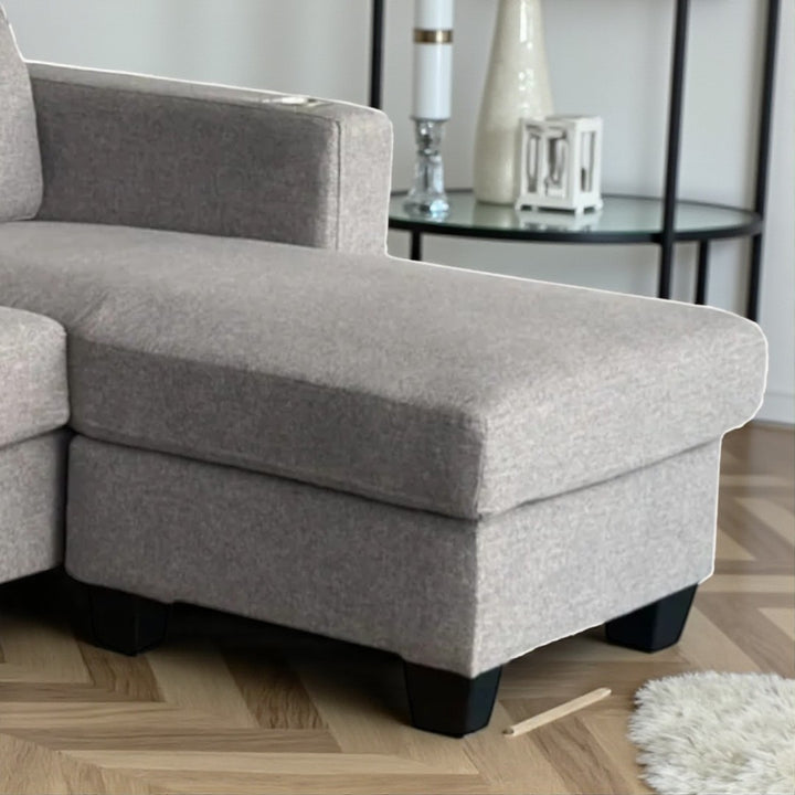 Glow Fabric Upholstered Sectional Sofa With USB Charging Ports & Reversible Chaise - Grey | Modern, Sturdy & Comfortable