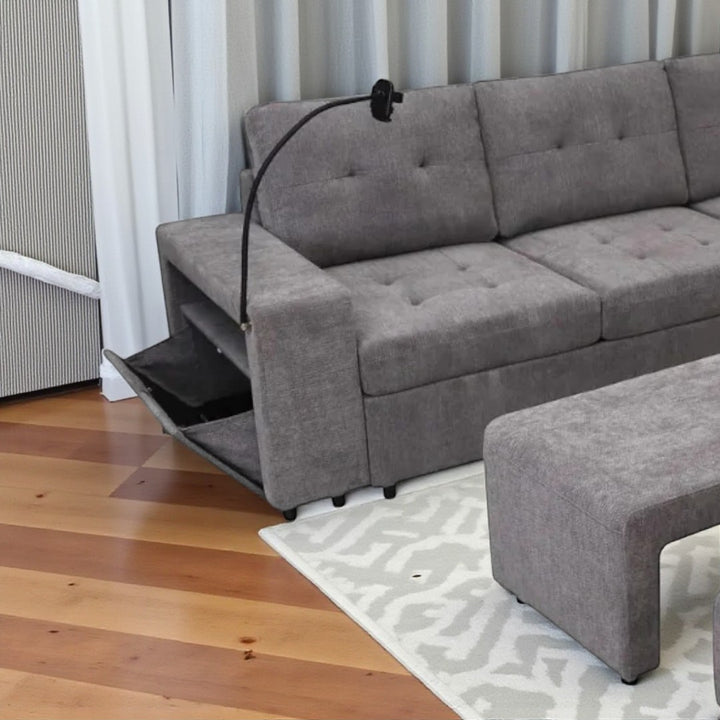 Ethra Fabric Upholstered Sectional Sofa With Ottoman & Nesting Bench - Grey | Modern, Durable & Comfortable