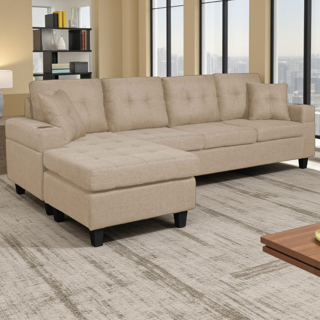 Coral Sectional Sofa in Fabric Upholstery With Reversible Chaise & Cup Holders - Beige