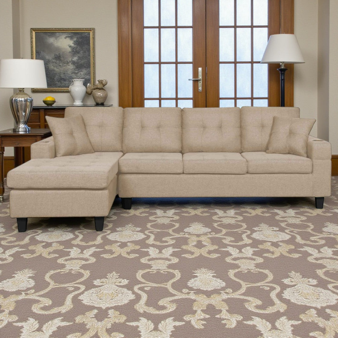 Coral Sectional Sofa in Fabric Upholstery With Reversible Chaise & Cup Holders - Beige