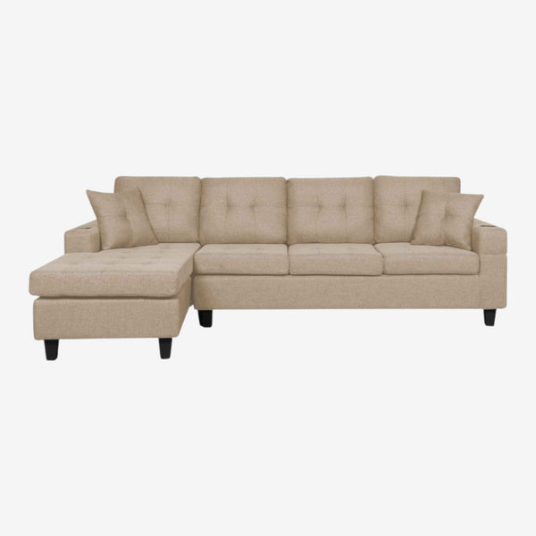 Coral Sectional Sofa in Fabric Upholstery With Reversible Chaise & Cup Holders - Beige